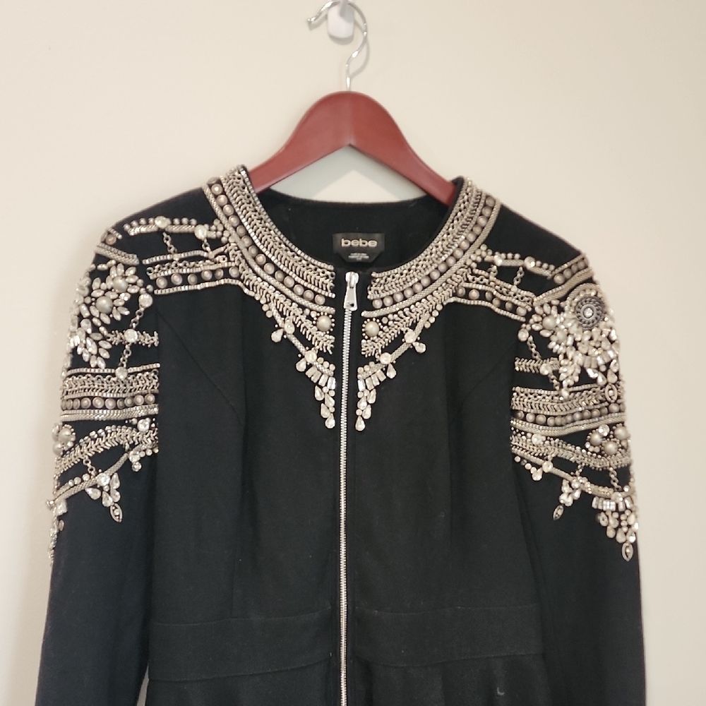 Bebe HEAVY Black and Silver Embellished Waterfall Bottom Jacket
